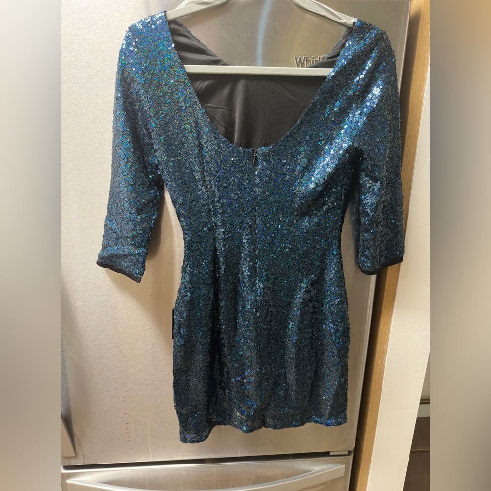 Teal blue sequin dress, cocktail dress.